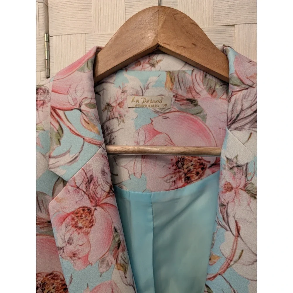 La Pateau Turquoise Pink Floral Ruched 3/4 Sleeve Single Button Blazer‎ Size 38